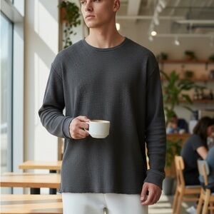 Lucky Brand Men’s Waffle Knit L Sleeve Thermal Top – Dark Charcoal Gray – Size M